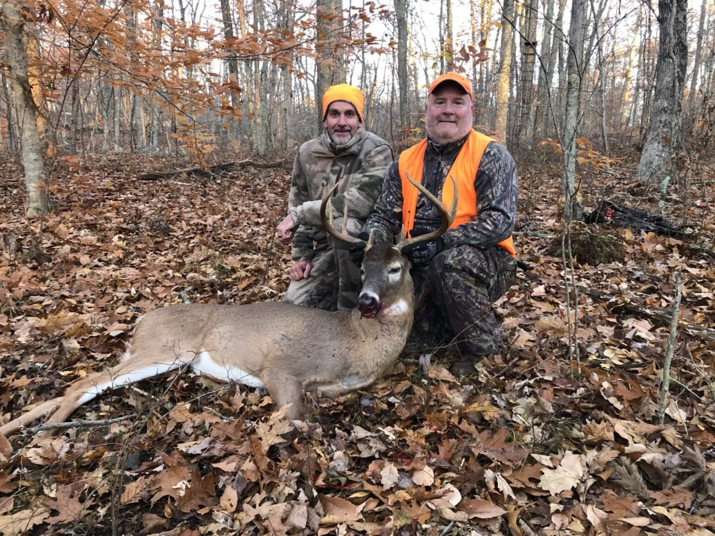 Two Men Standing Behind and Holding a Dead Deer