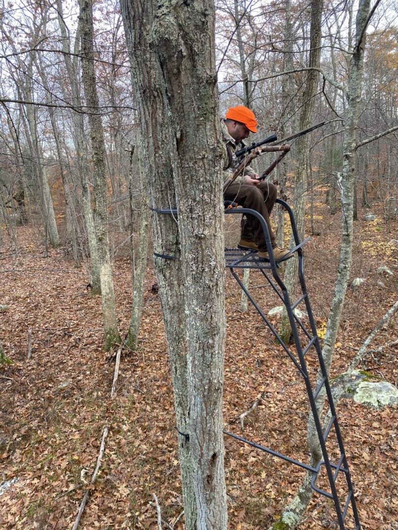 Man With Orange Baseball Cap Sitting on a High Hunting Stand